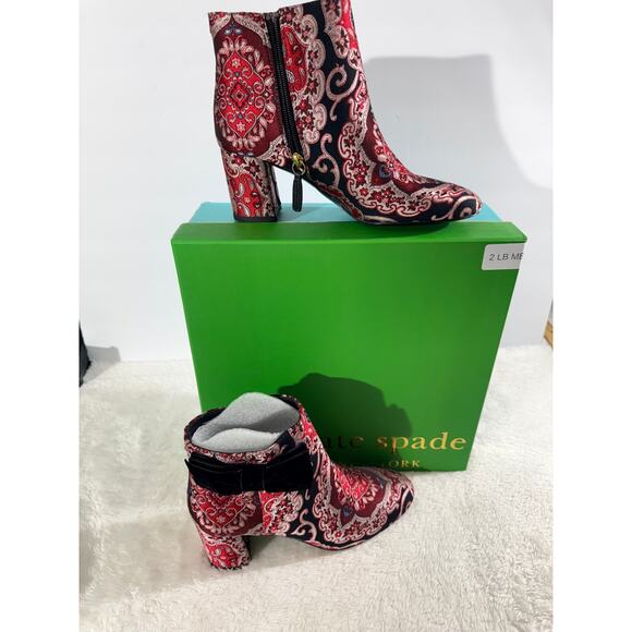 Kate Spade NY Holly Boot Russet Multi Brocade Size 7.5M New in Box Red/Blk - Picture 2 of 11